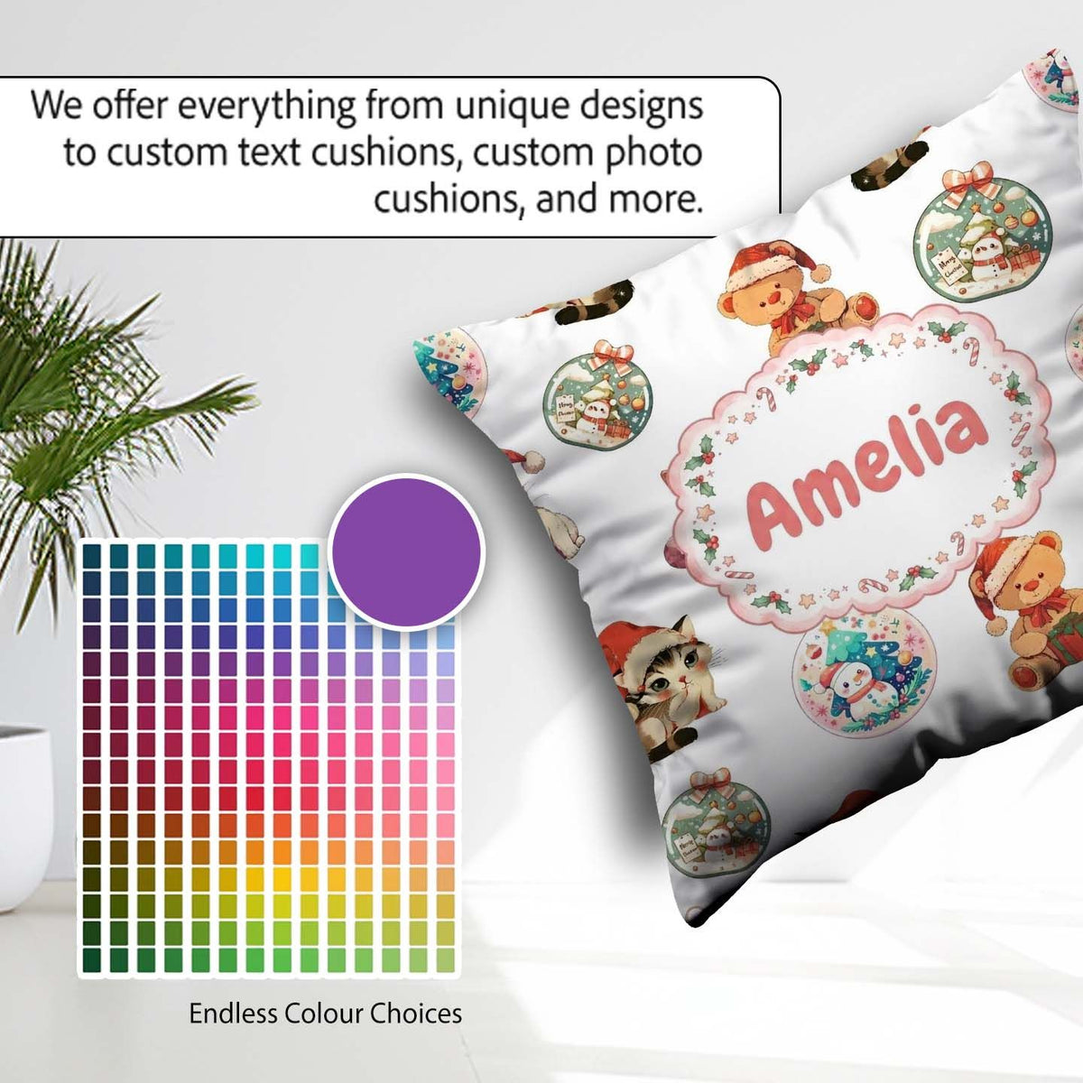 Custom Name Cute Christmas Cat Teddy Bear Seamless Pattern White Square Filled Cushion Throw Pillow Sofa Bed Home Decor Zip Washable UK Made