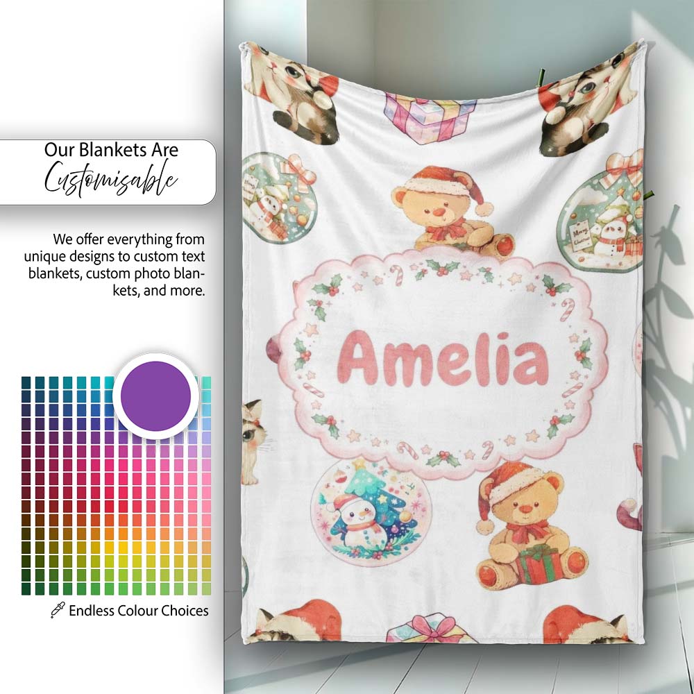 Cute Christmas Cat Teddy Bear Bauble Gift Seamless Pattern White Personalised Custom Name Super Soft Fleece Blanket Bed Sofa Throw