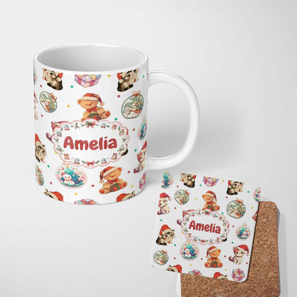 Personalized Custom Name Cute Christmas Cat Teddy Bear Bauble Gift Seamless Pattern Dot 11oz Ceramic Coffee Tea Mug White Large Handle