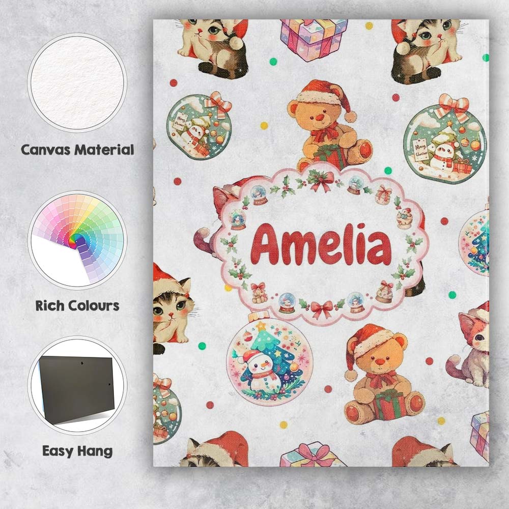 Personalised Name Cute Christmas Cat Teddy Custom Unique Gift Idea Elegant Feature Canvas Wall Art Print Decor Picture Ready to Hang