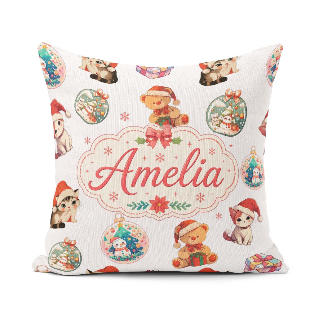 Custom Name Cute Gingerbread Man Candy Cane Cookie Pattern White Square Filled Cushion Throw Pillow Sofa Bed Home Decor Zip Washable UK Made