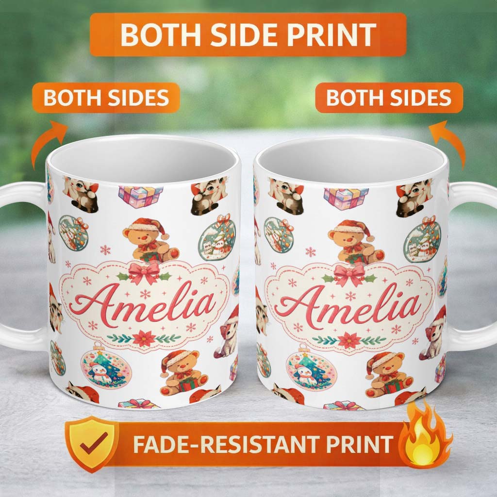 Personalized Custom Name Cute Gingerbread Man Candy Cane Cookie Seamless Pattern White 11oz Ceramic Coffee Tea Mug White Large Handle