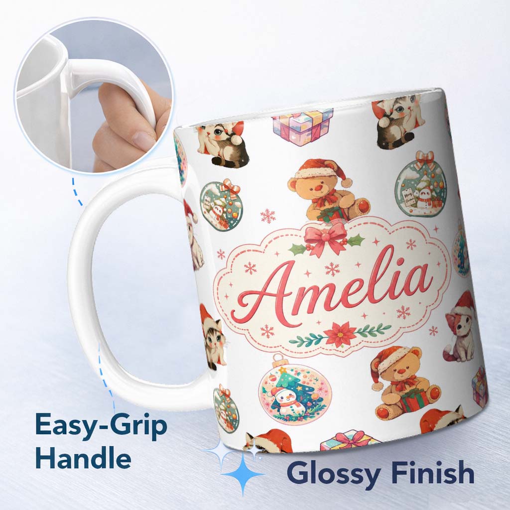 Personalized Custom Name Cute Gingerbread Man Candy Cane Cookie Seamless Pattern White 11oz Ceramic Coffee Tea Mug White Large Handle