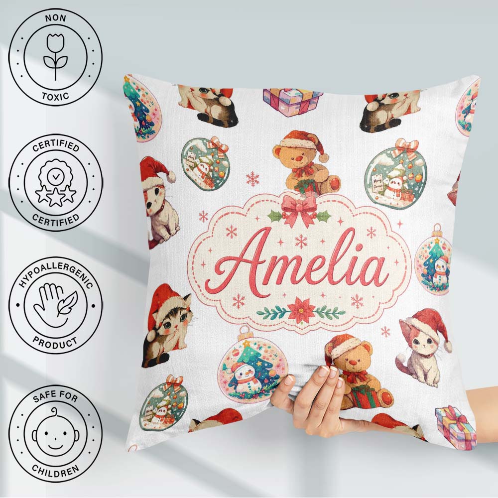 Custom Name Cute Gingerbread Man Candy Cane Cookie Pattern White Square Filled Cushion Throw Pillow Sofa Bed Home Decor Zip Washable UK Made