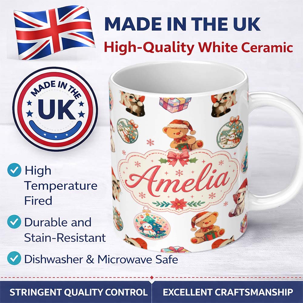 Personalized Custom Name Cute Gingerbread Man Candy Cane Cookie Seamless Pattern White 11oz Ceramic Coffee Tea Mug White Large Handle
