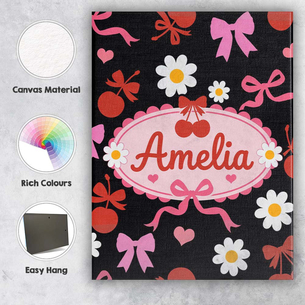 Personalised Name Cute Cherry Bow Heart with Yellow Floral Detail on Custom Home Canvas Wall Art Print Decor Picture Ready to Hang