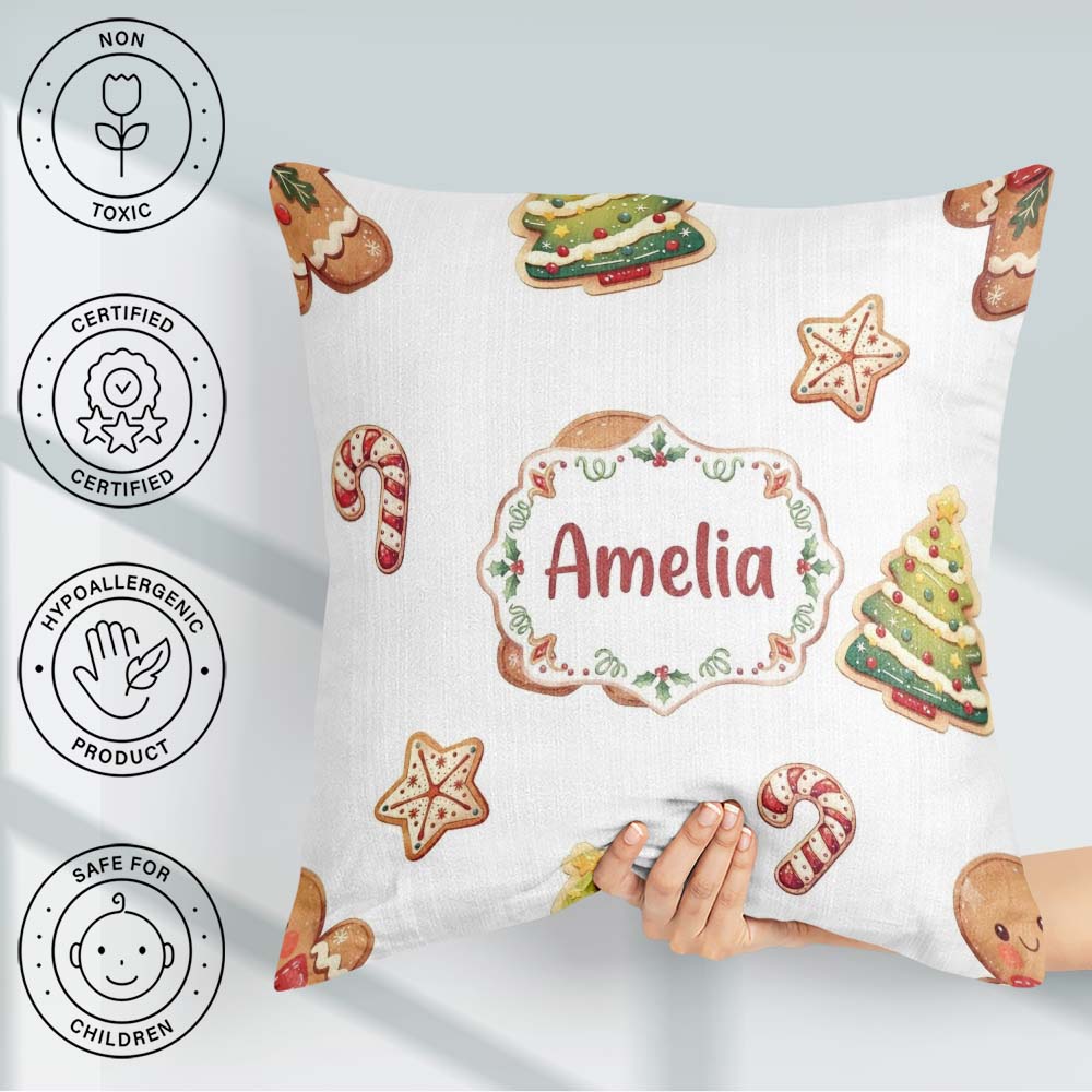 Custom Name Cute Man Candy Cane Cookie Seamless Pattern Stripe Square Filled Cushion Throw Pillow Sofa Bed Home Decor Zip Washable UK Made