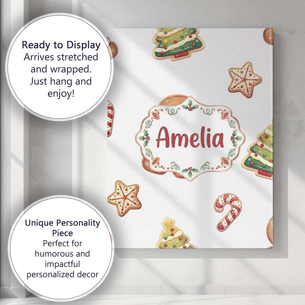 Personalised Name Cute Gingerbread Man Custom Modern Room Accent Elegant Feature Canvas Wall Art Print Decor Picture Ready to Hang