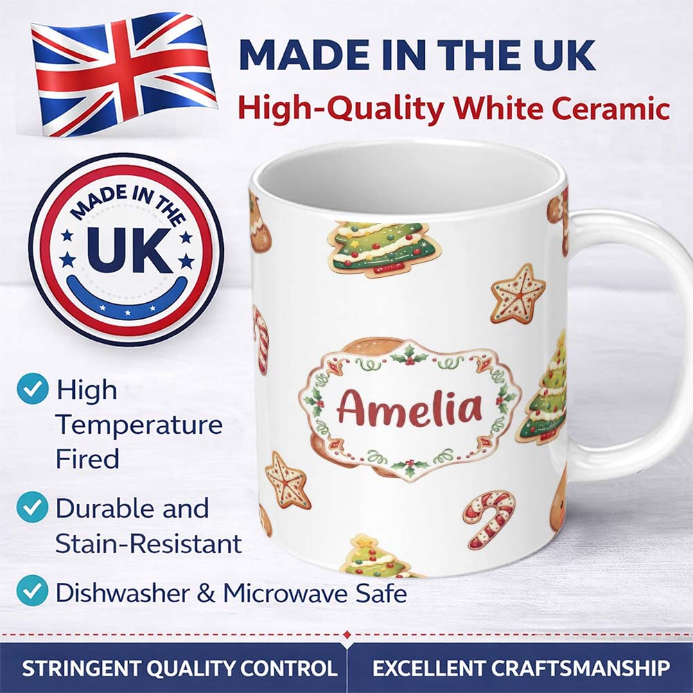 Personalized Custom Name Cute Gingerbread Man Candy Cane Cookie Seamless Pattern Stripe 11oz Ceramic Coffee Tea Mug White Large Handle