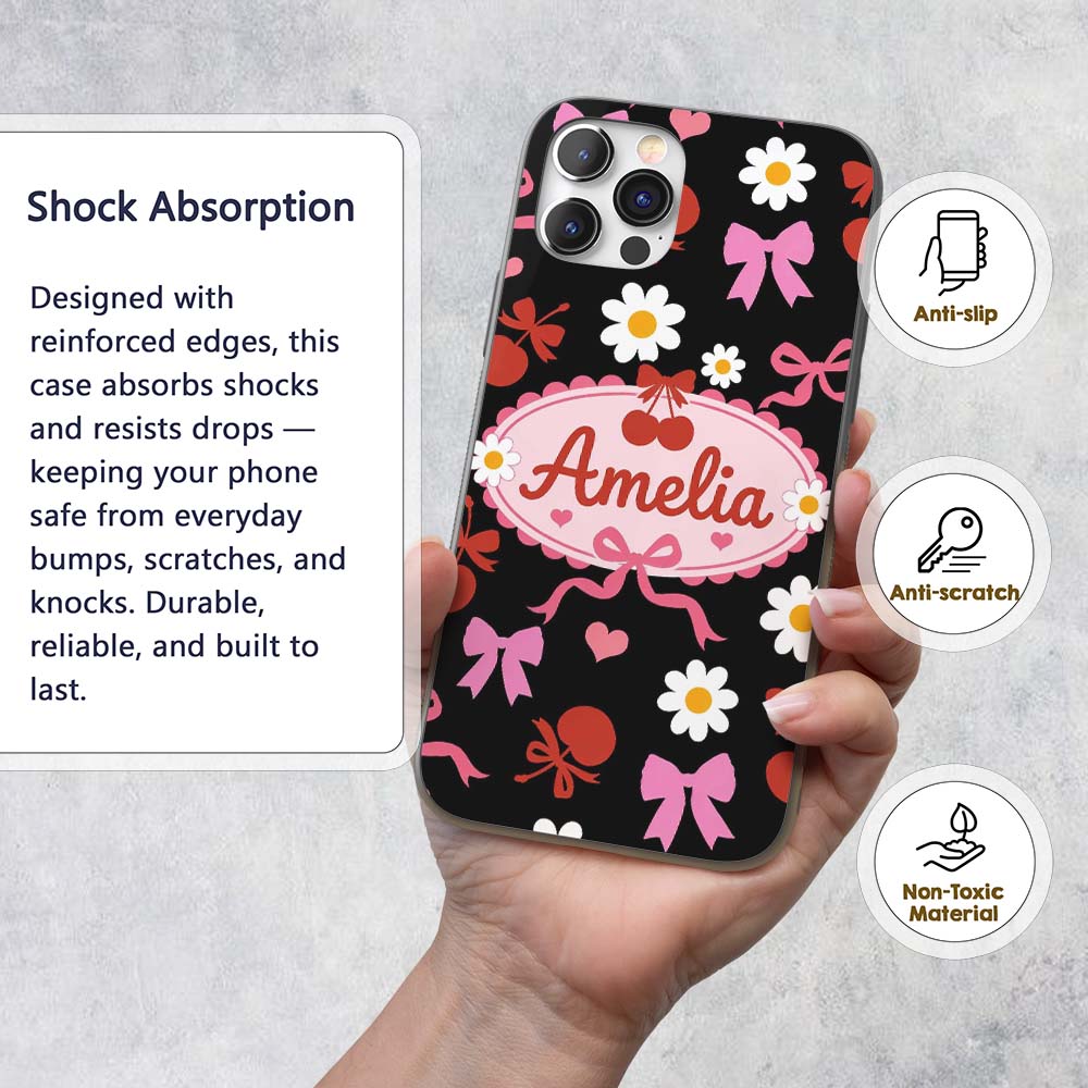 Cute Cherry Bow Heart with Yellow Floral Detail Custom Name Protective Phone Case Mobile Cover Durable Everyday Smartphone Shock Resistant