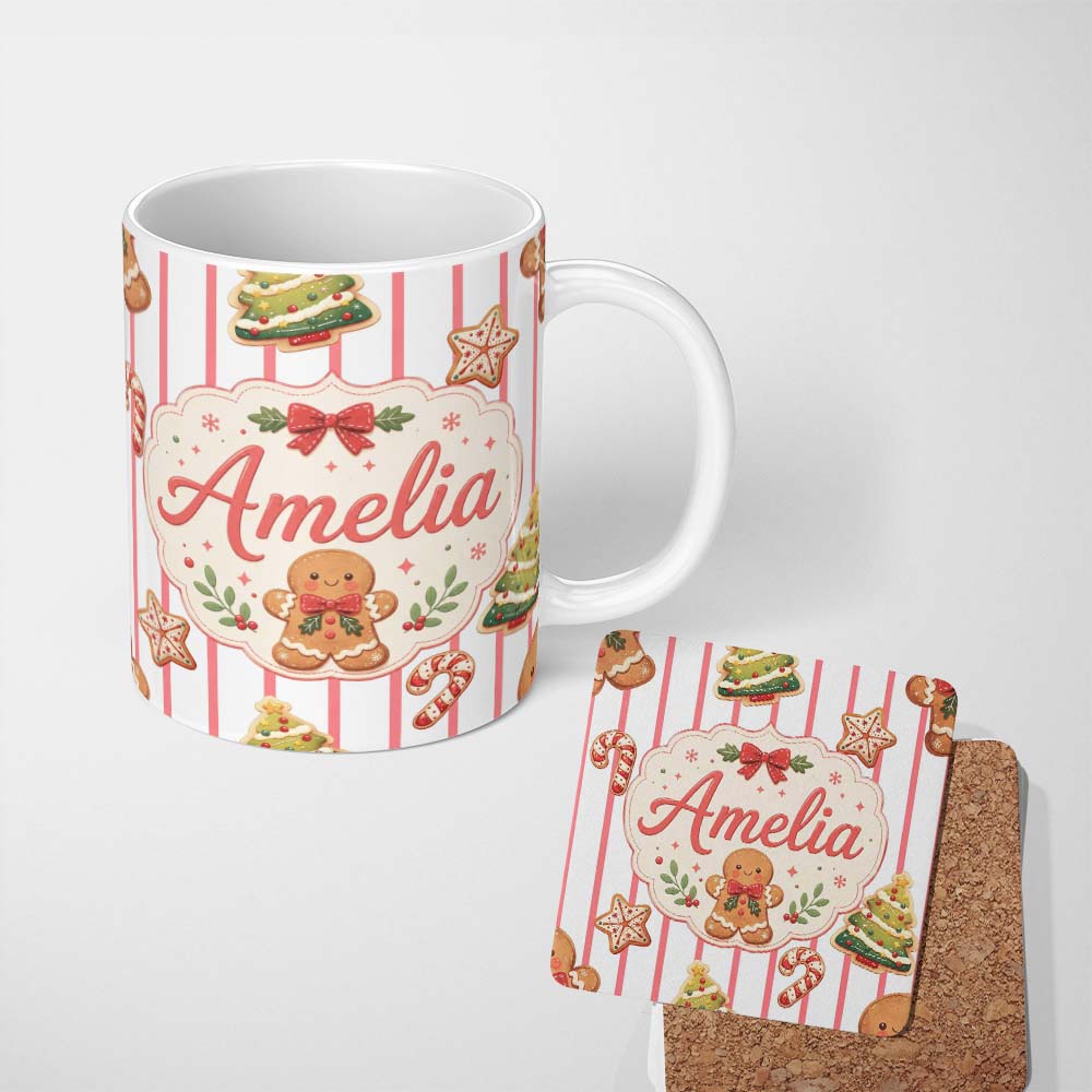 Personalized Custom Name Cute Gingerbread Man Candy Cane Cookie Seamless Pattern Red Stripe 11oz Ceramic Coffee Tea Mug White Large Handle