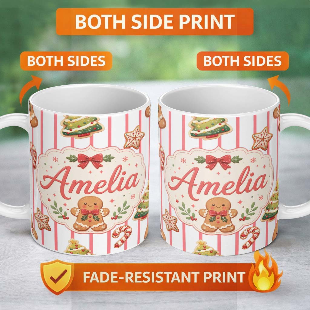 Personalized Custom Name Cute Gingerbread Man Candy Cane Cookie Seamless Pattern Red Stripe 11oz Ceramic Coffee Tea Mug White Large Handle