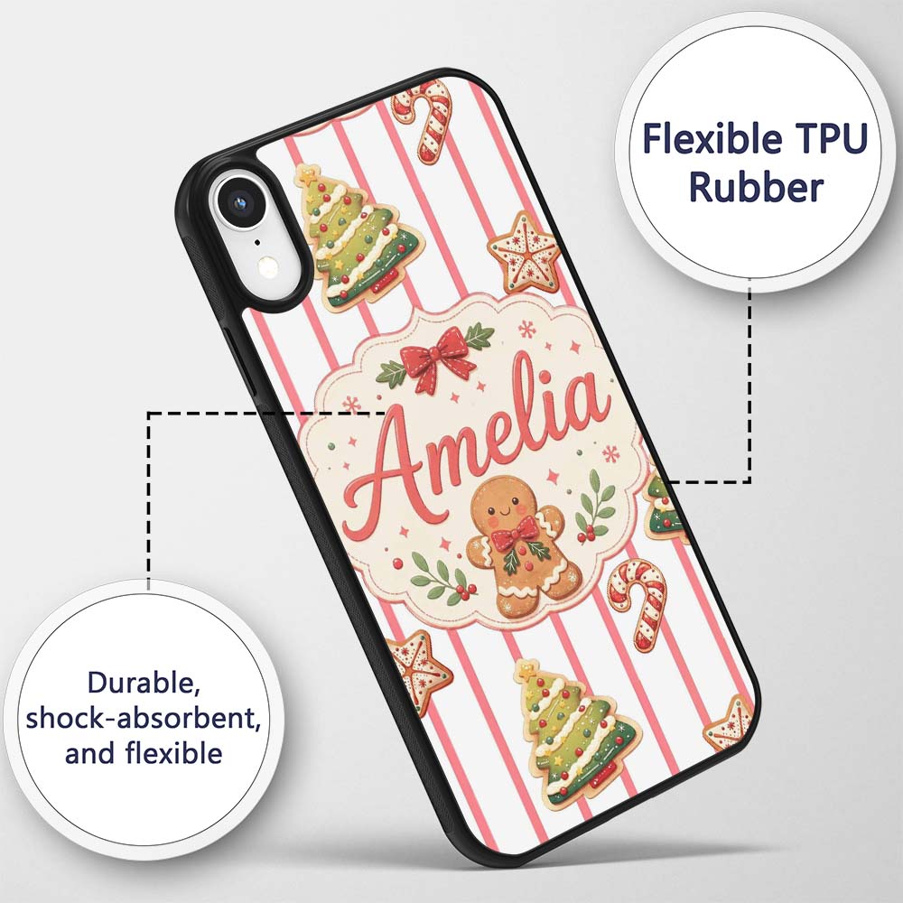 Cute Gingerbread Man Candy Cane Cookie Seamless Custom Name Protective Phone Case Mobile Cover Durable Everyday Smartphone Shock Resistant