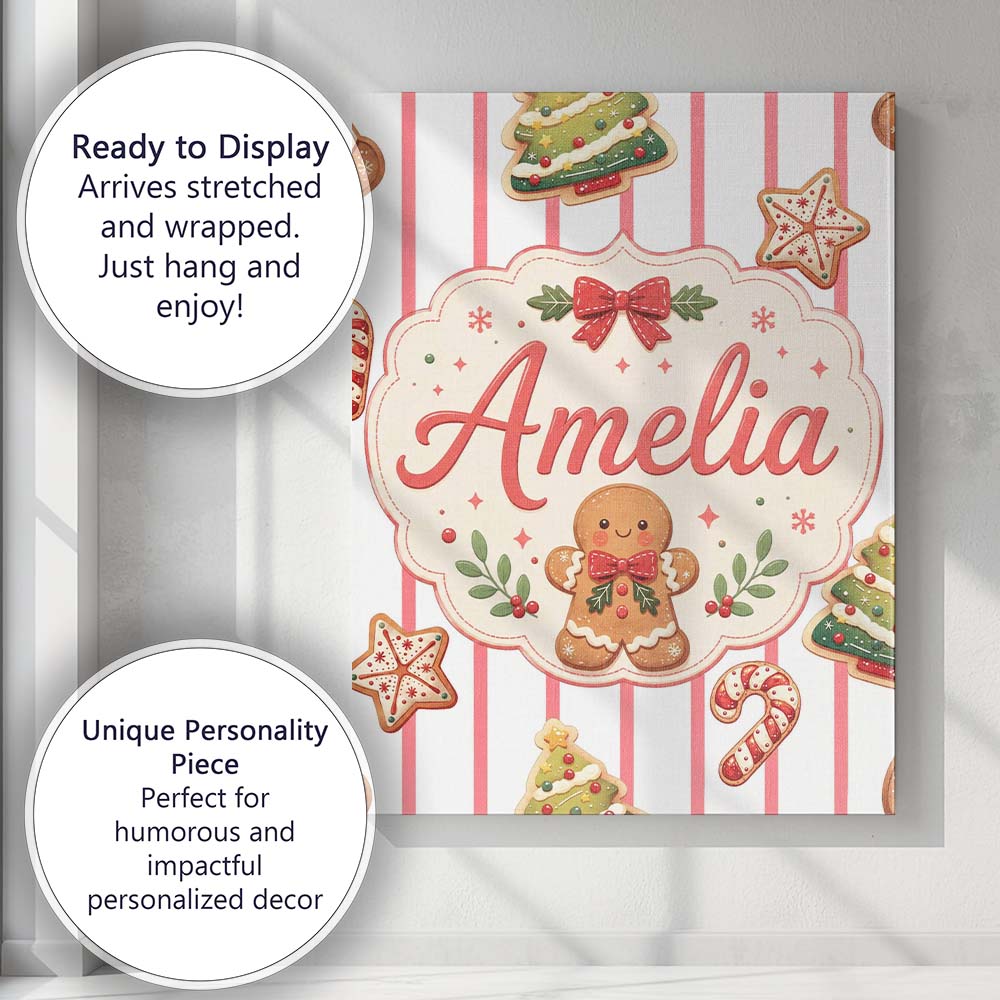 Personalised Name Cute Gingerbread Man Custom Modern Room Accent Elegant Feature Canvas Wall Art Print Decor Picture Ready to Hang