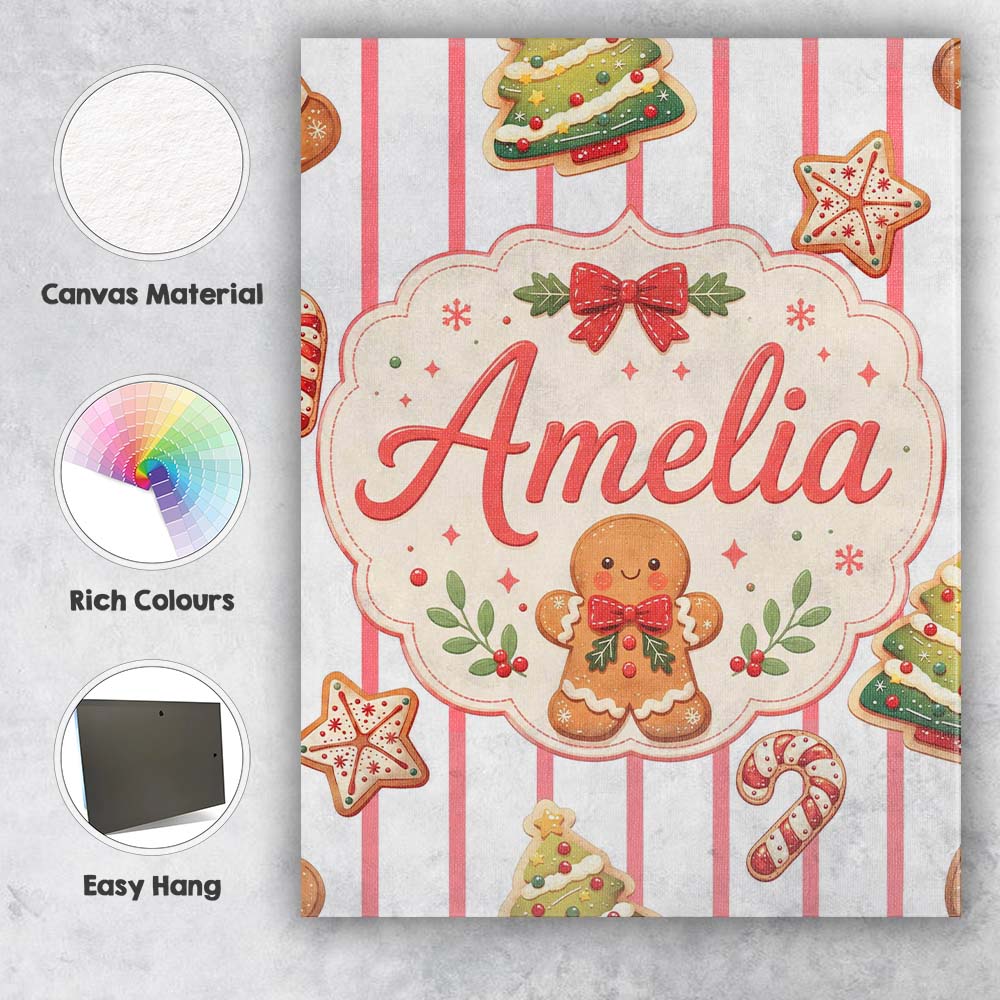 Personalised Name Cute Gingerbread Man Custom Modern Room Accent Elegant Feature Canvas Wall Art Print Decor Picture Ready to Hang