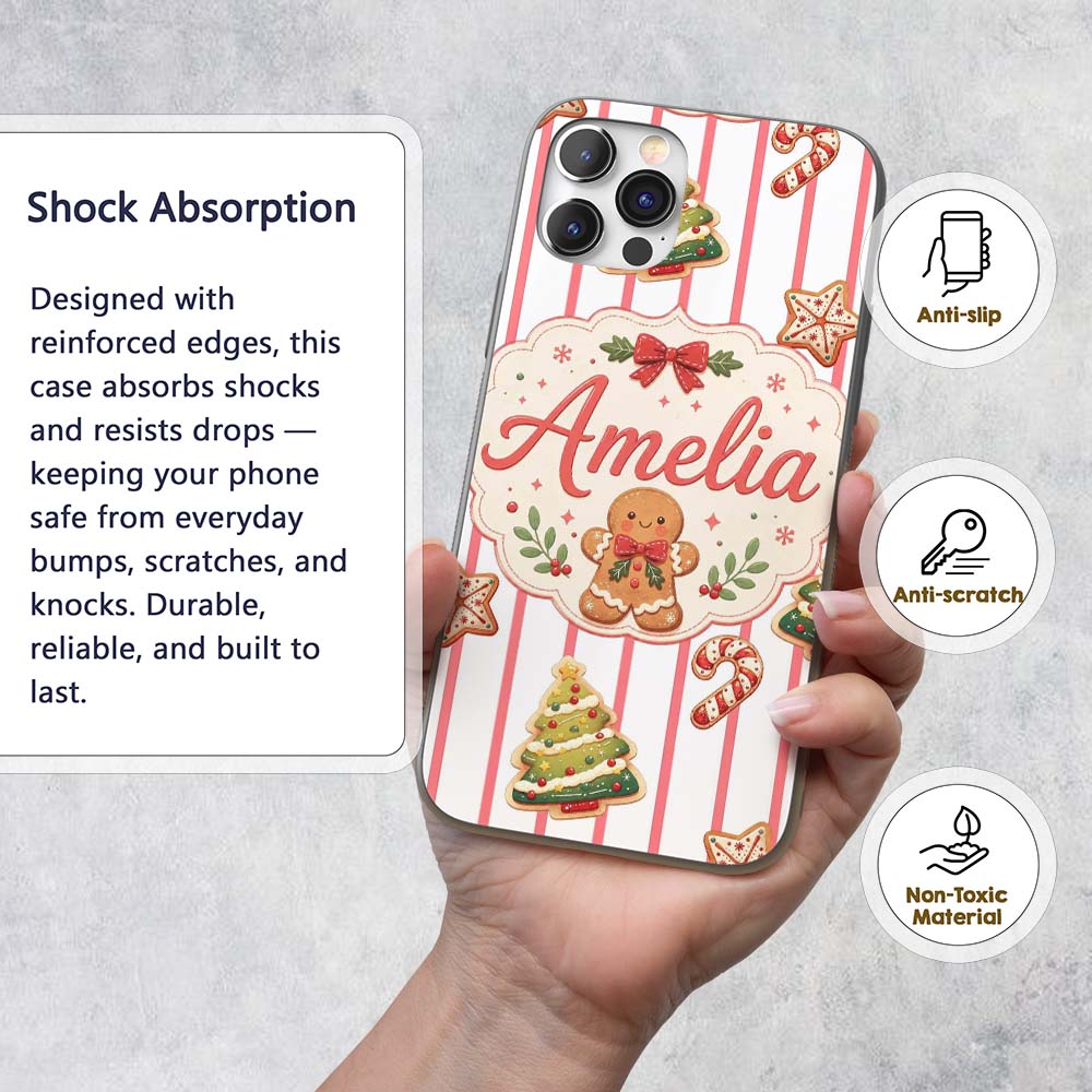 Cute Gingerbread Man Candy Cane Cookie Seamless Custom Name Protective Phone Case Mobile Cover Durable Everyday Smartphone Shock Resistant