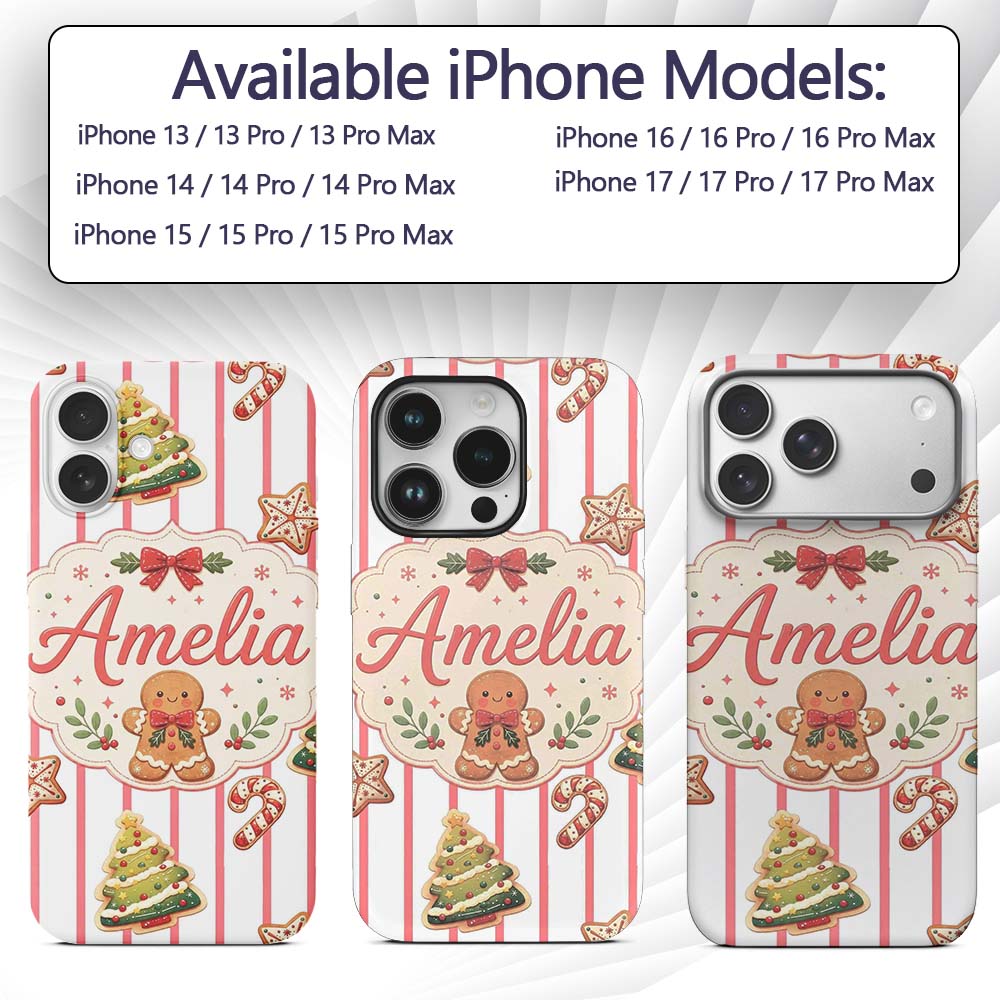 Cute Gingerbread Man Candy Cane Cookie Seamless Custom Name Protective Phone Case Mobile Cover Durable Everyday Smartphone Shock Resistant