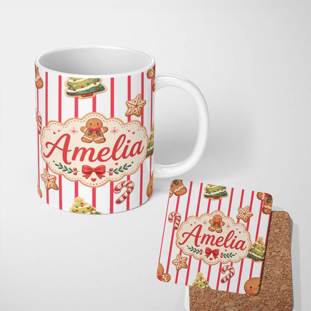 Personalized Custom Name Cute Gingerbread Man Candy Cane Cookie Seamless Pattern Festive 11oz Ceramic Coffee Tea Mug White Large Handle