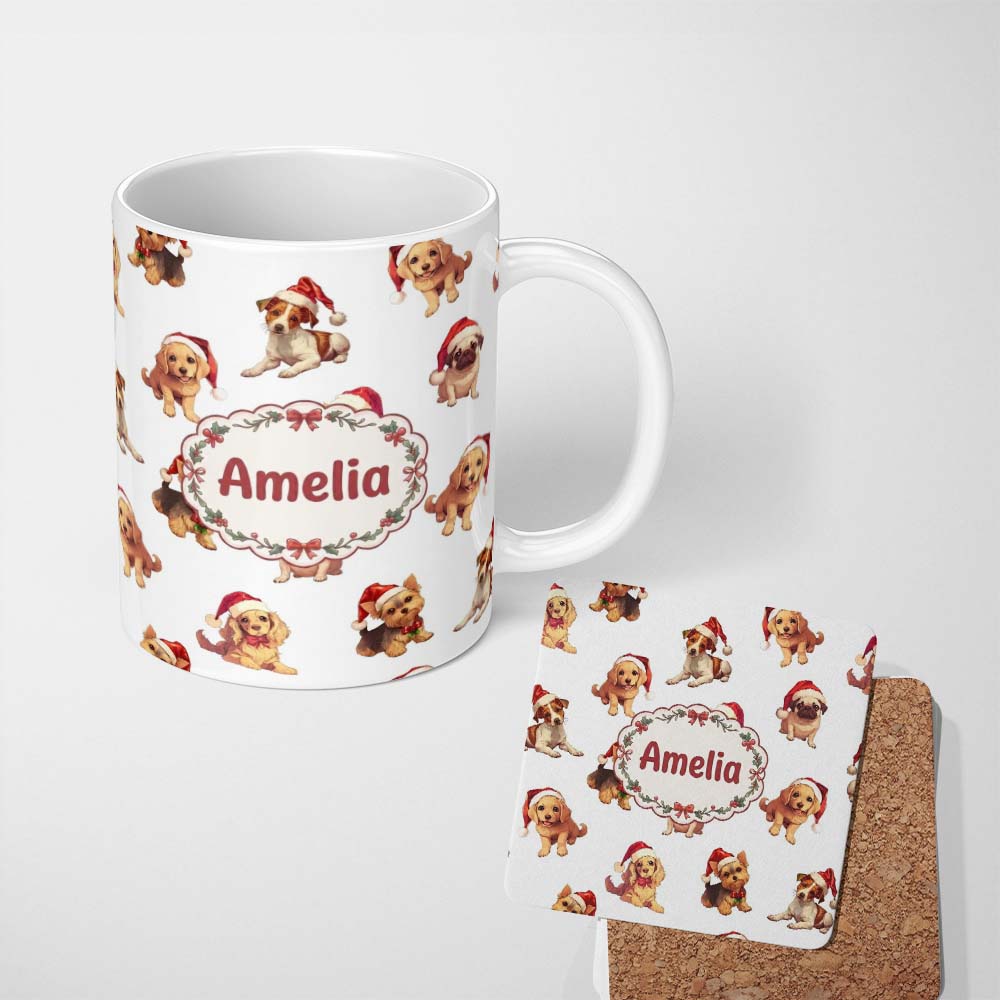 Personalized Custom Name Cute Christmas Puppies in Santa Hats Seamless Pattern White 11oz Ceramic Coffee Tea Mug White Large Handle