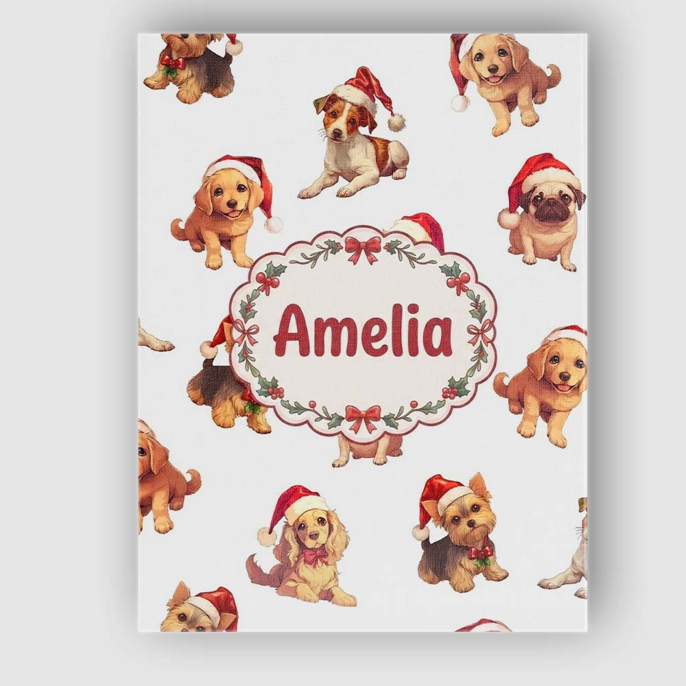 Personalised Name Cute Christmas Puppies in Custom Bespoke Interior Contemporary Canvas Wall Art Print Decor Picture Ready to Hang