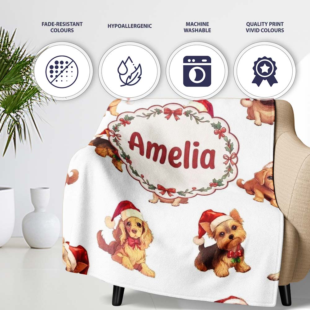 Cute Christmas Puppies in Santa Hats Seamless Pattern White Personalised Custom Name Super Soft Fleece Blanket Bed Sofa Throw