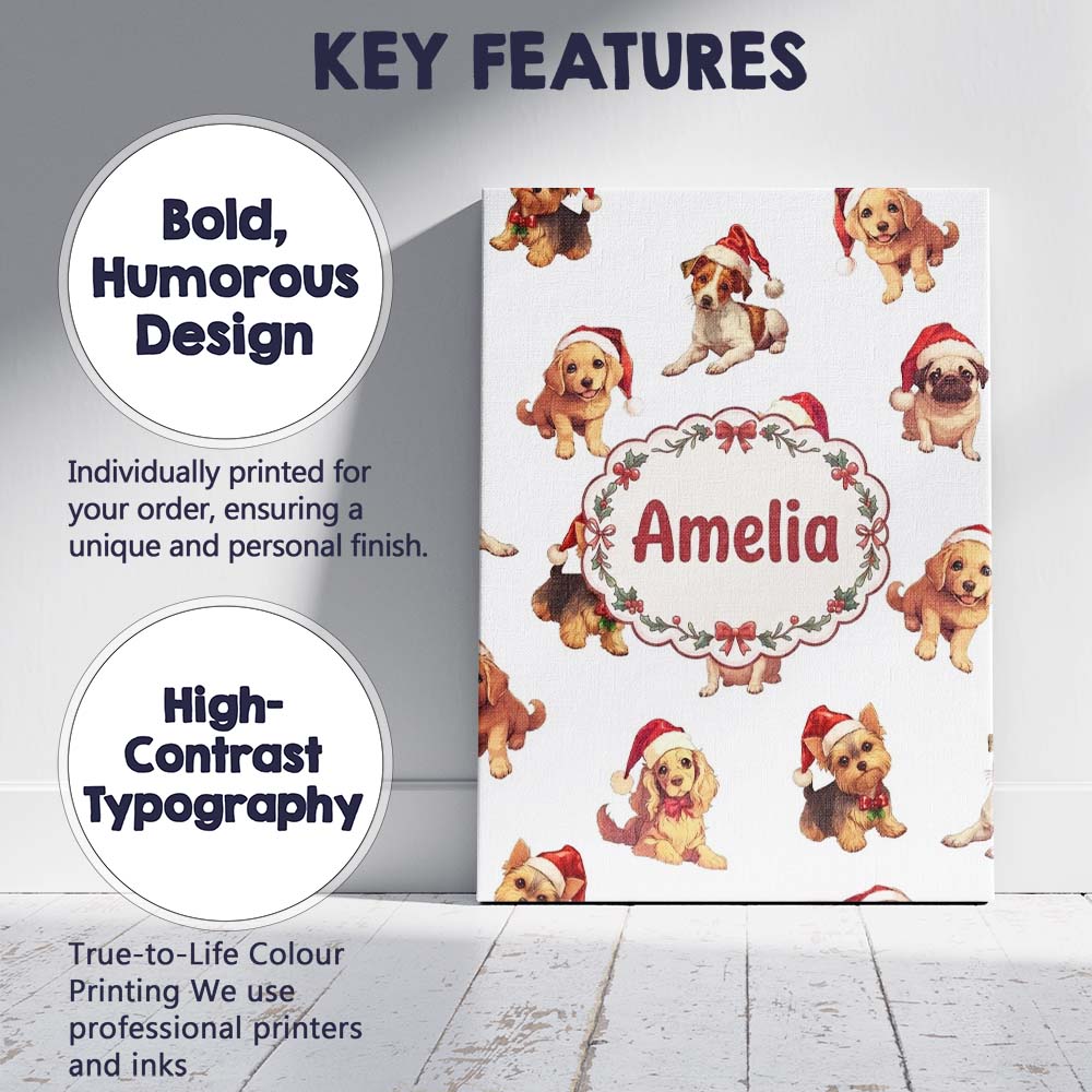Personalised Name Cute Christmas Puppies in Custom Bespoke Interior Contemporary Canvas Wall Art Print Decor Picture Ready to Hang