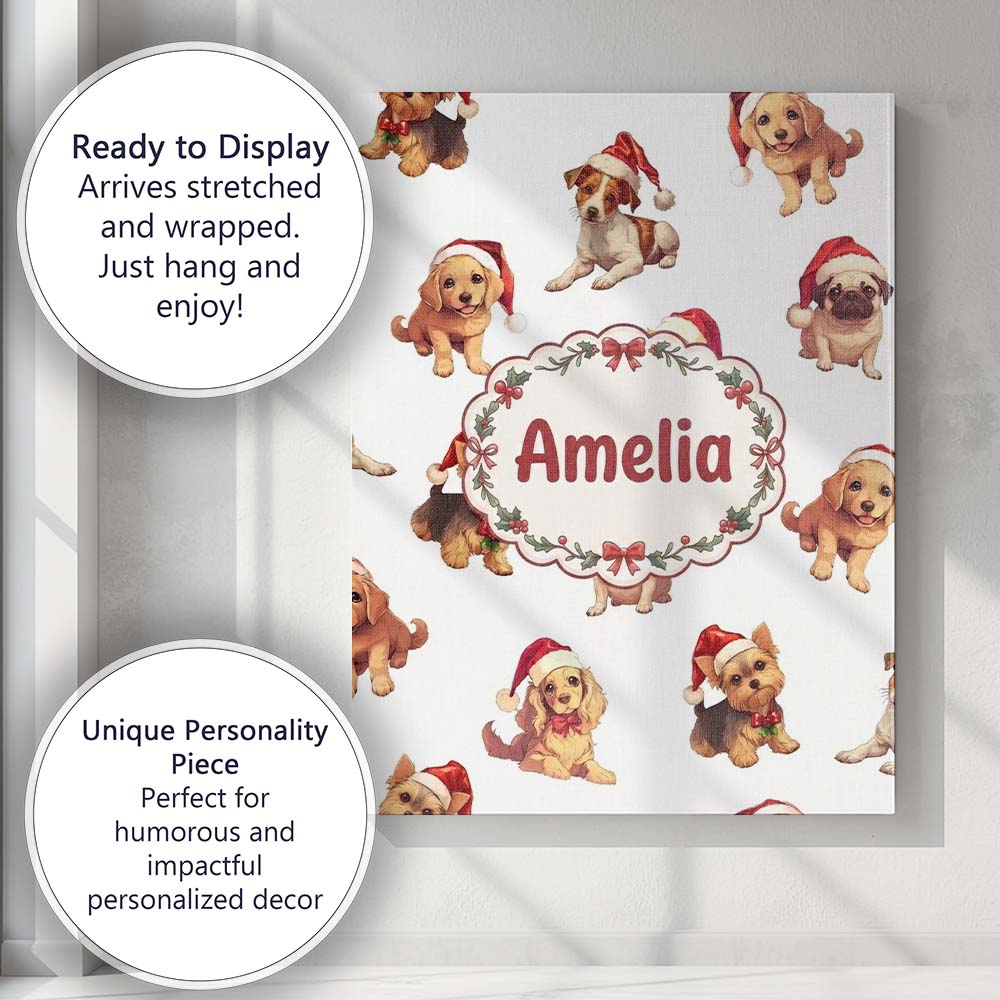 Personalised Name Cute Christmas Puppies in Custom Bespoke Interior Contemporary Canvas Wall Art Print Decor Picture Ready to Hang