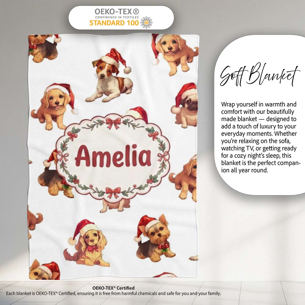 Cute Christmas Puppies in Santa Hats Seamless Pattern White Personalised Custom Name Super Soft Fleece Blanket Bed Sofa Throw