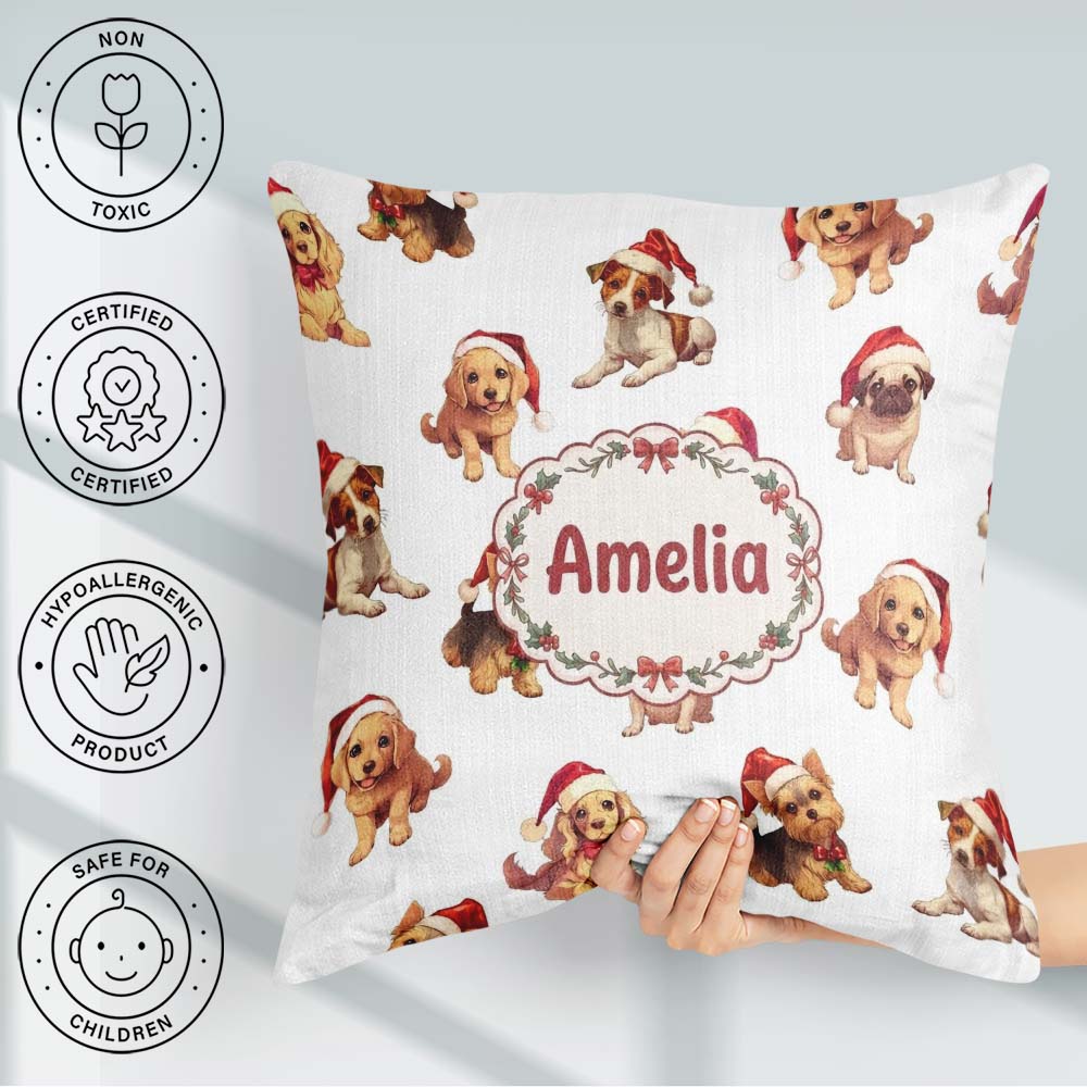 Custom Name Cute Christmas Puppies in Santa Hats Seamless White Square Filled Cushion Throw Pillow Sofa Bed Home Decor Zip Washable UK Made