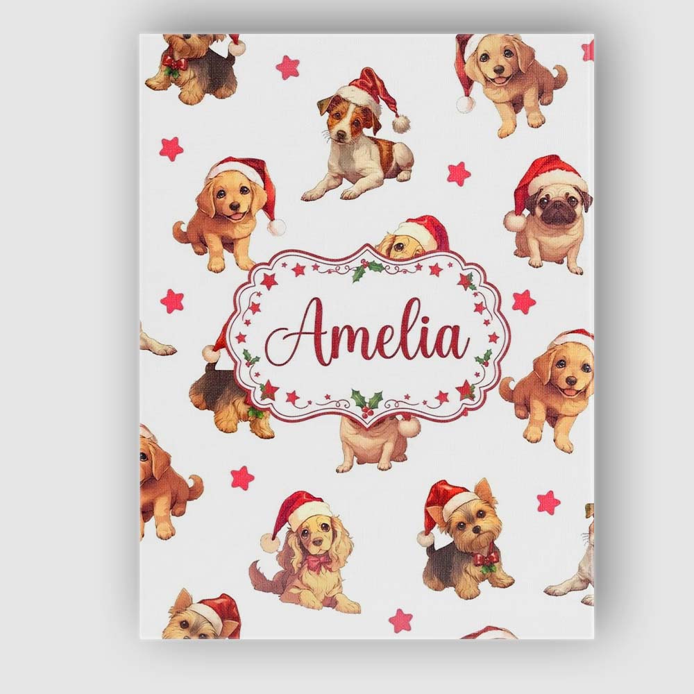Personalised Name Cute Christmas Puppies in Custom Bespoke Interior Contemporary Canvas Wall Art Print Decor Picture Ready to Hang