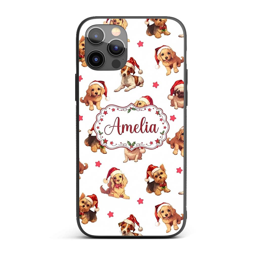 Cute Christmas Puppies in Santa Hats Seamless Custom Name Protective Phone Case Mobile Cover Durable Everyday Smartphone Shock Resistant