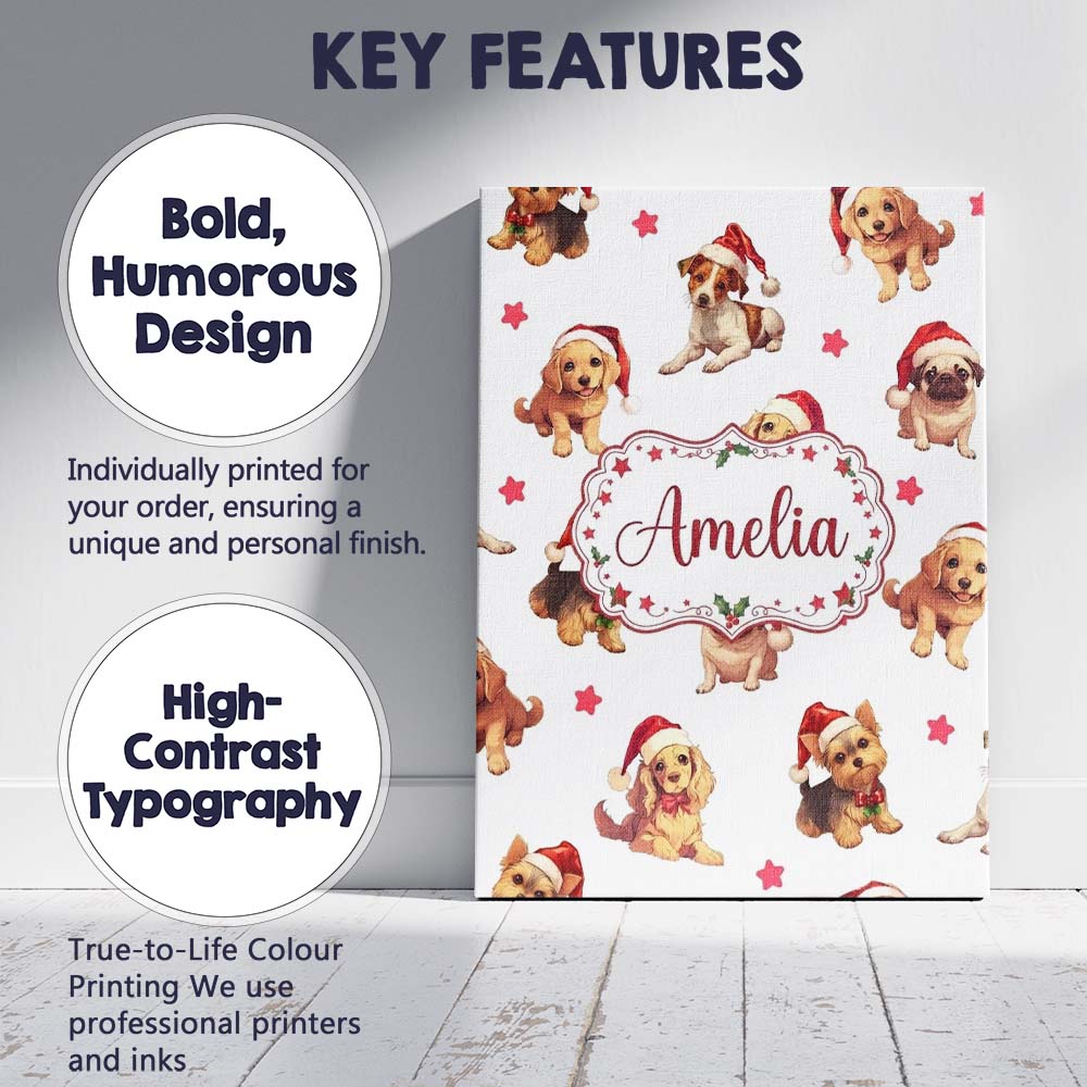 Personalised Name Cute Christmas Puppies in Custom Bespoke Interior Contemporary Canvas Wall Art Print Decor Picture Ready to Hang