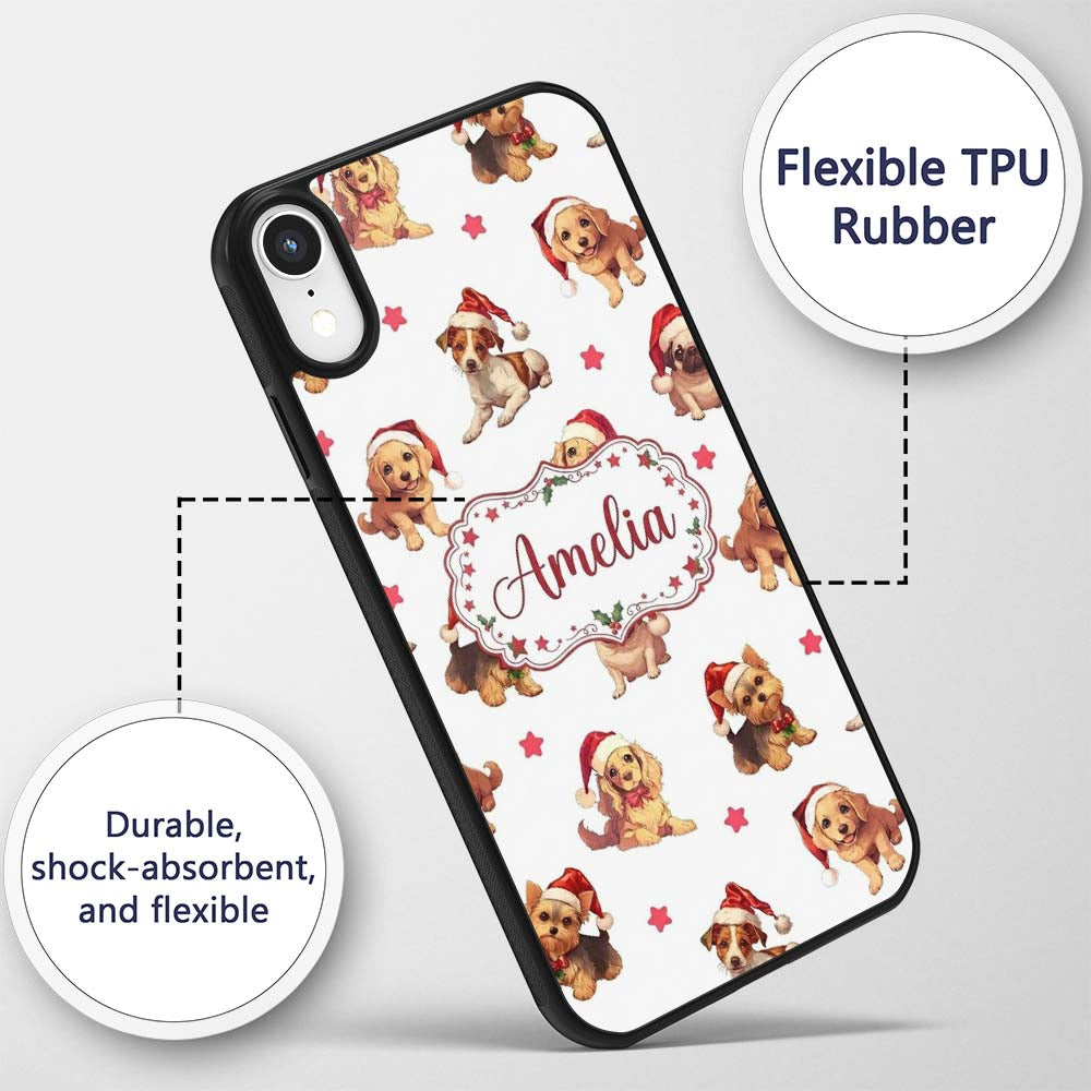 Cute Christmas Puppies in Santa Hats Seamless Custom Name Protective Phone Case Mobile Cover Durable Everyday Smartphone Shock Resistant