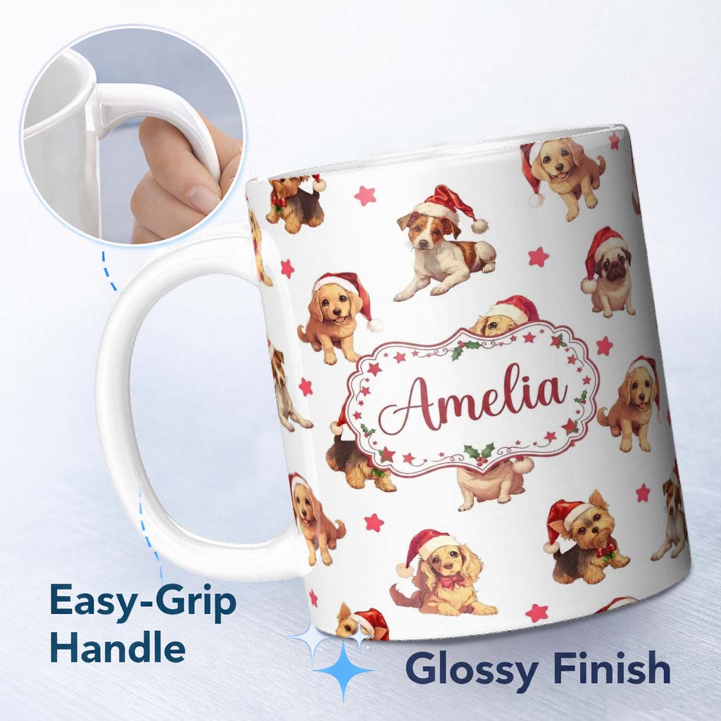 Personalized Custom Name Cute Christmas Puppies in Santa Hats Seamless Pattern Star 11oz Ceramic Coffee Tea Mug White Large Handle