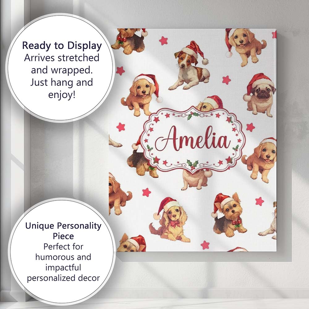 Personalised Name Cute Christmas Puppies in Custom Bespoke Interior Contemporary Canvas Wall Art Print Decor Picture Ready to Hang