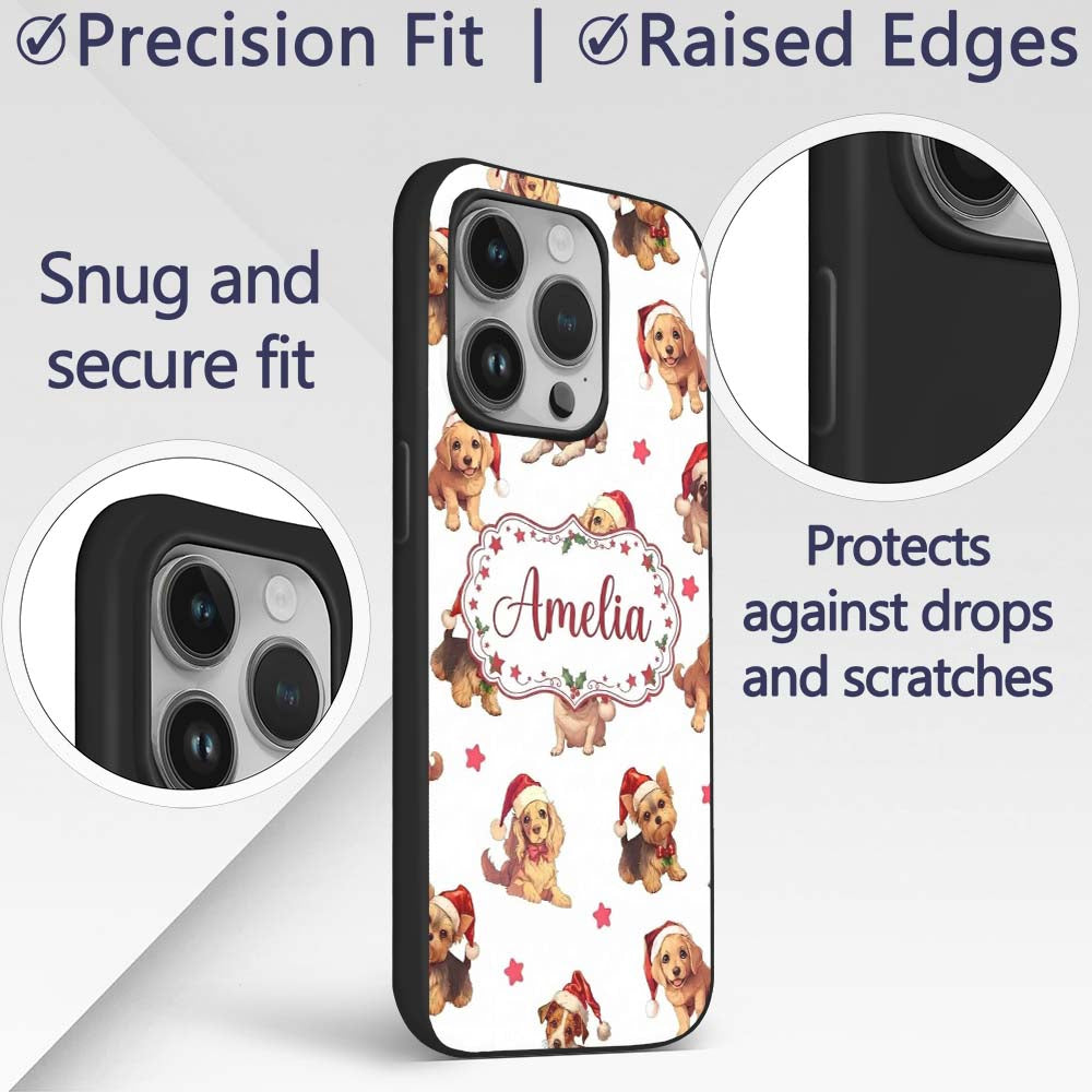 Cute Christmas Puppies in Santa Hats Seamless Custom Name Protective Phone Case Mobile Cover Durable Everyday Smartphone Shock Resistant