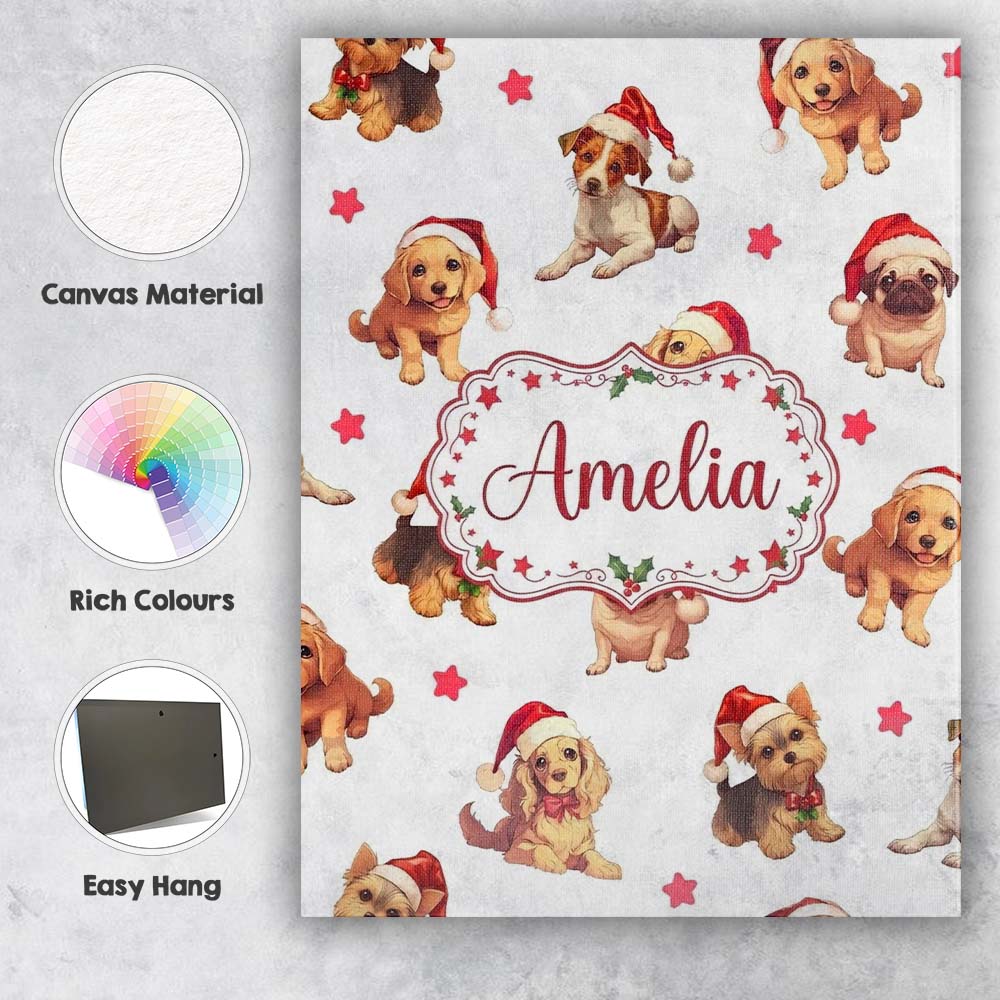 Personalised Name Cute Christmas Puppies in Custom Bespoke Interior Contemporary Canvas Wall Art Print Decor Picture Ready to Hang