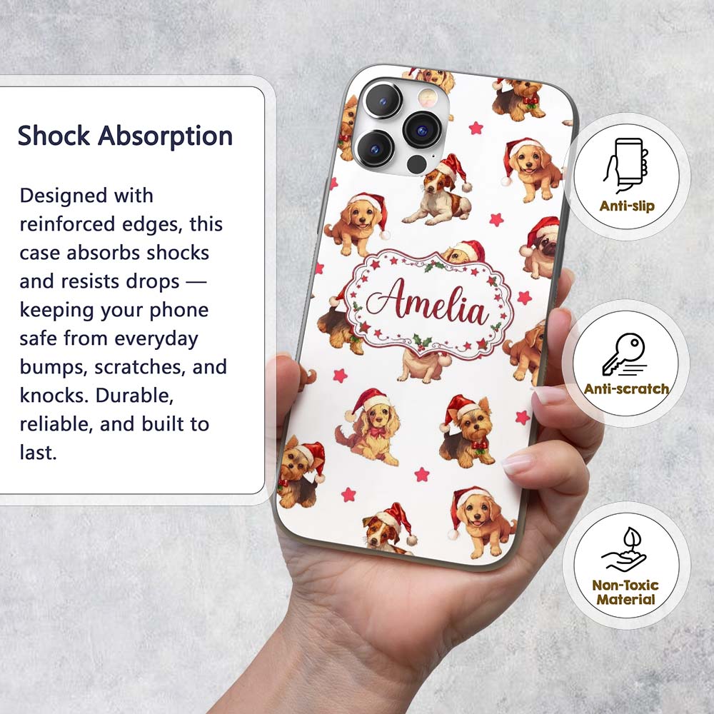 Cute Christmas Puppies in Santa Hats Seamless Custom Name Protective Phone Case Mobile Cover Durable Everyday Smartphone Shock Resistant