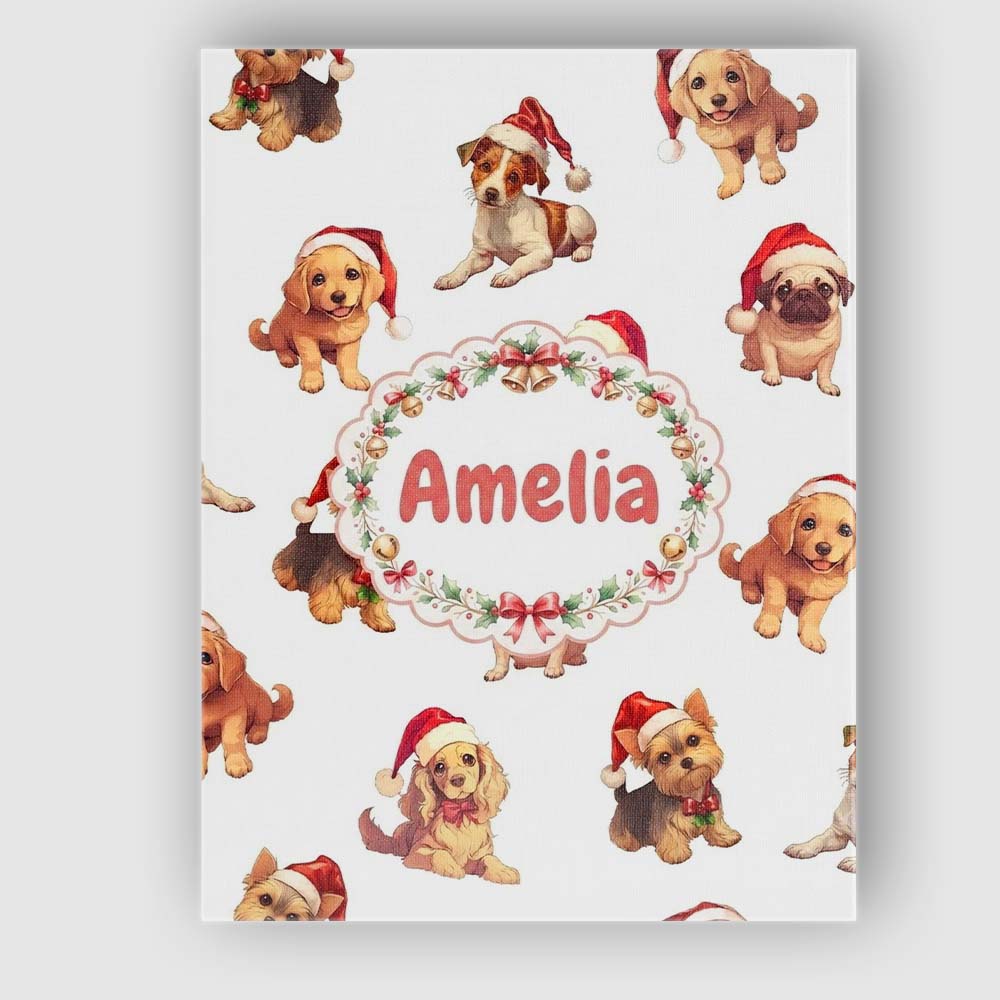 Personalised Name Cute Christmas Puppies in Custom Bespoke Interior Contemporary Canvas Wall Art Print Decor Picture Ready to Hang