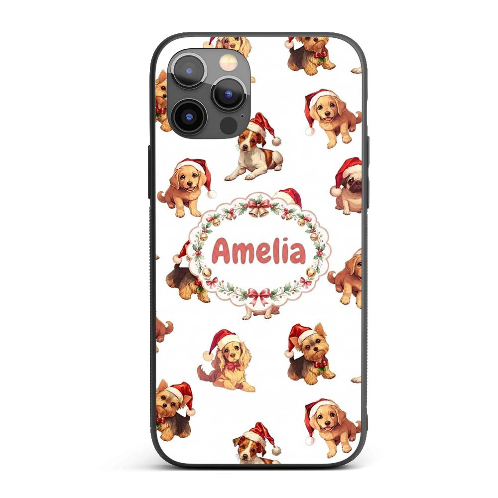 Cute Christmas Puppies in Santa Hats Seamless Custom Name Protective Phone Case Mobile Cover Durable Everyday Smartphone Shock Resistant
