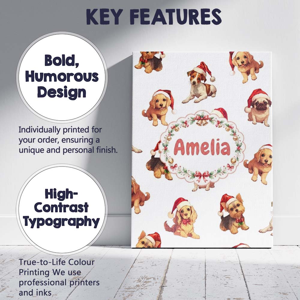 Personalised Name Cute Christmas Puppies in Custom Bespoke Interior Contemporary Canvas Wall Art Print Decor Picture Ready to Hang