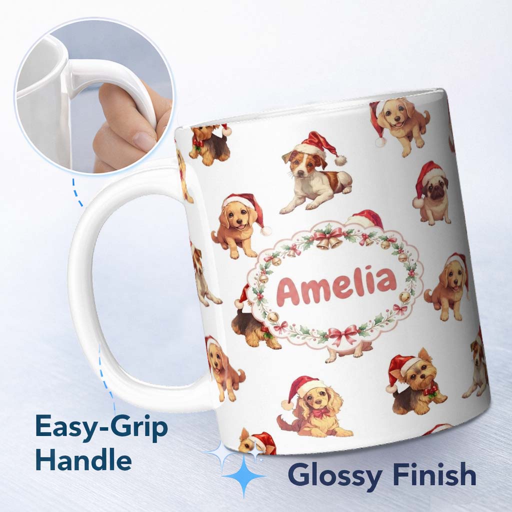 Personalized Custom Name Cute Christmas Puppies in Santa Hats Seamless Pattern Soft Grey 11oz Ceramic Coffee Tea Mug White Large Handle