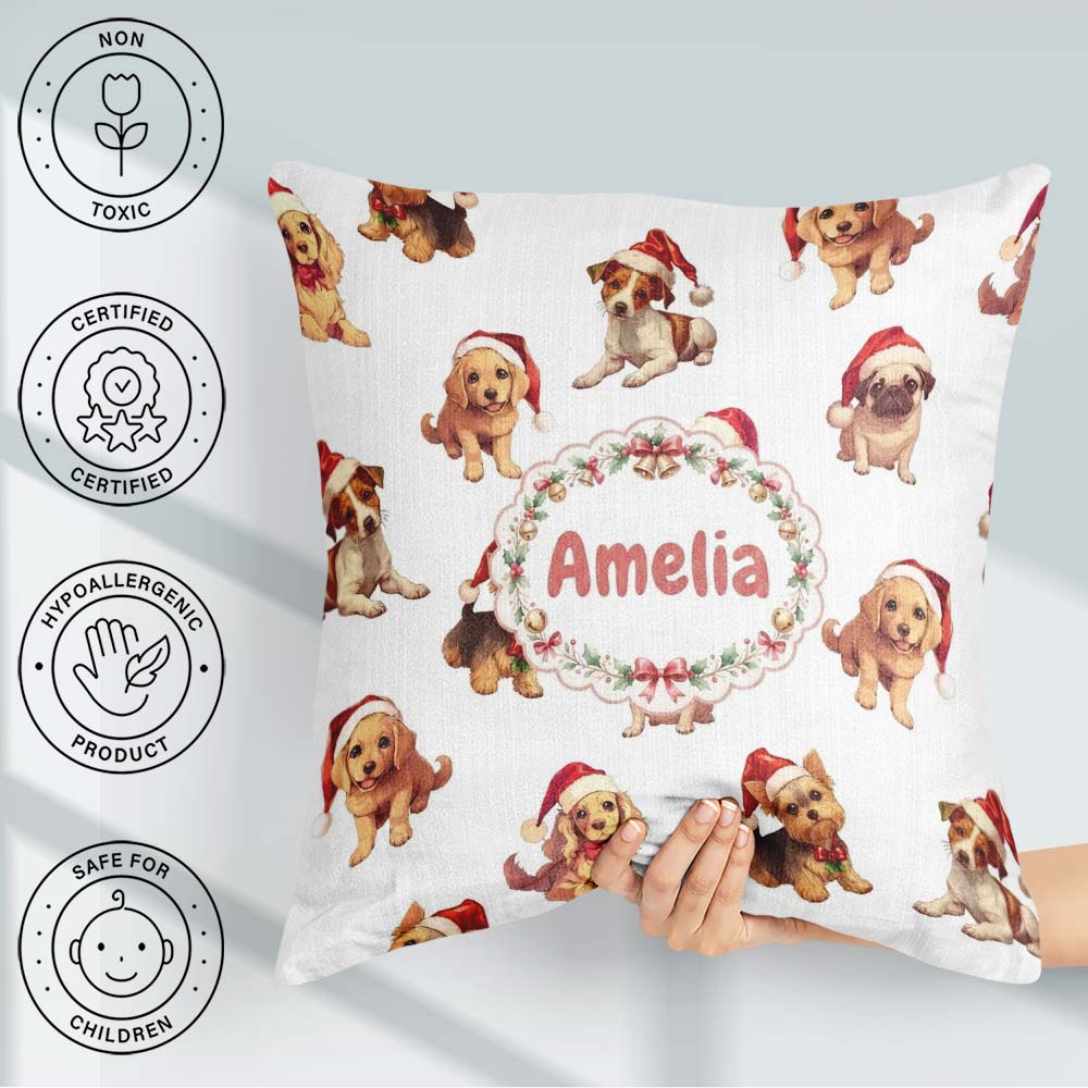 Custom Name Christmas Puppies in Hats Seamless Pattern Soft Grey Square Filled Cushion Throw Pillow Sofa Bed Home Decor Zip Washable UK Made