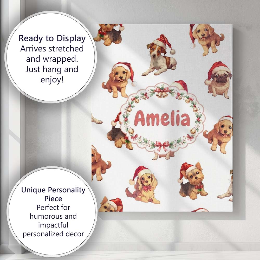 Personalised Name Cute Christmas Puppies in Custom Bespoke Interior Contemporary Canvas Wall Art Print Decor Picture Ready to Hang
