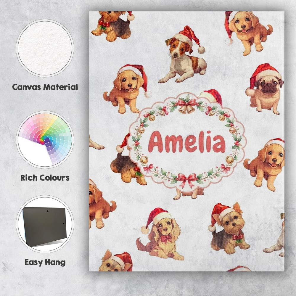 Personalised Name Cute Christmas Puppies in Custom Bespoke Interior Contemporary Canvas Wall Art Print Decor Picture Ready to Hang