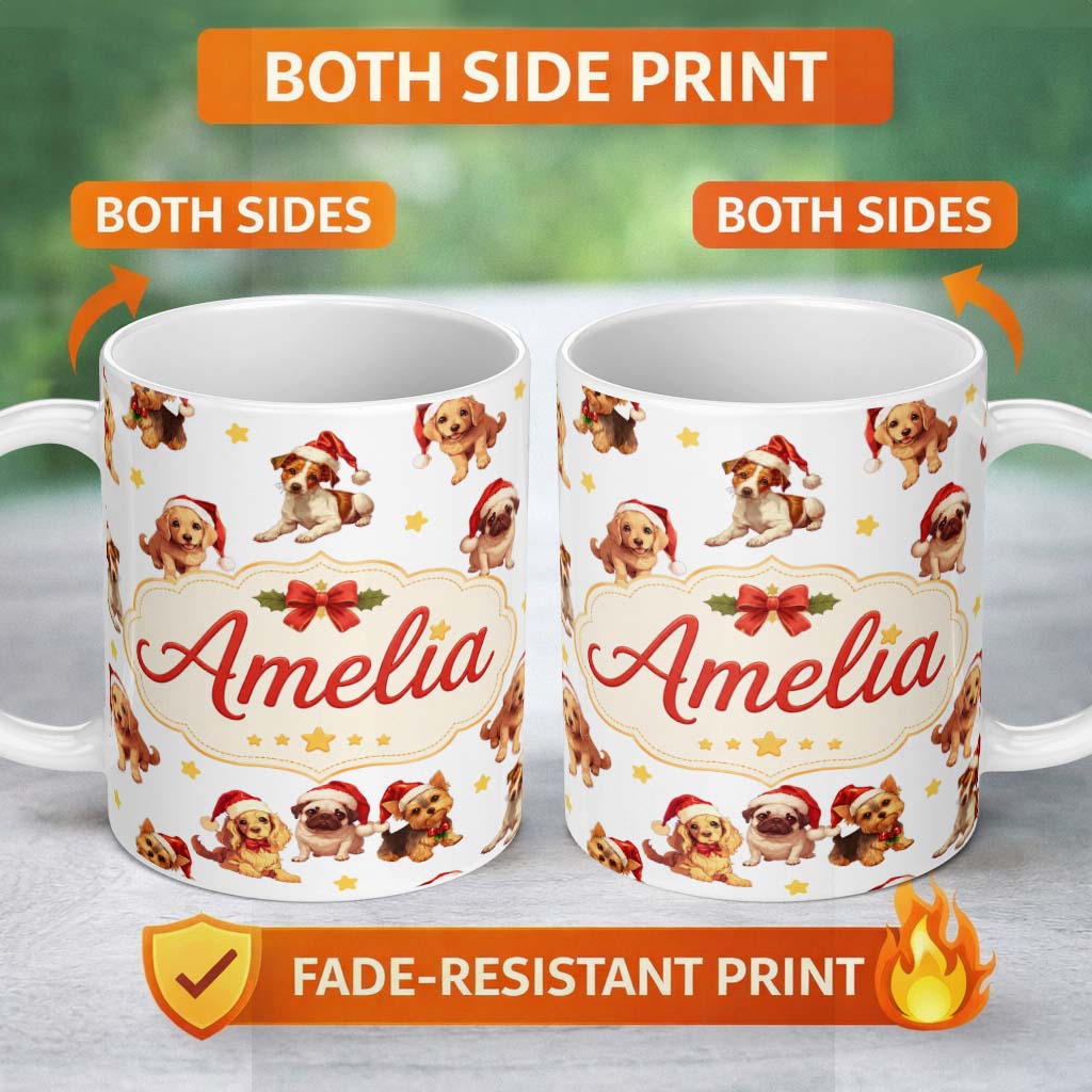 Personalized Custom Name Cute Christmas Puppies in Santa Hats Seamless Pattern Yellow Star 11oz Ceramic Coffee Tea Mug White Large Handle