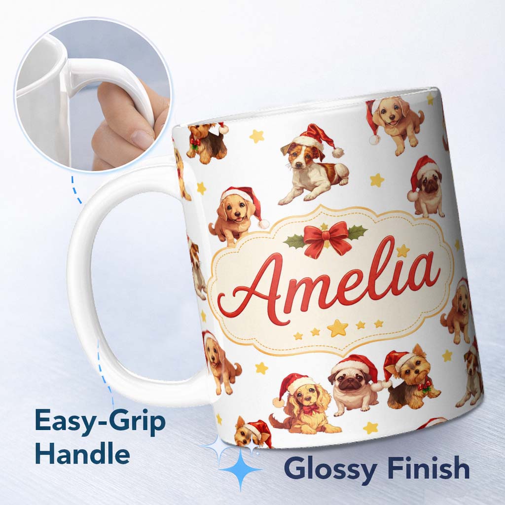 Personalized Custom Name Cute Christmas Puppies in Santa Hats Seamless Pattern Yellow Star 11oz Ceramic Coffee Tea Mug White Large Handle