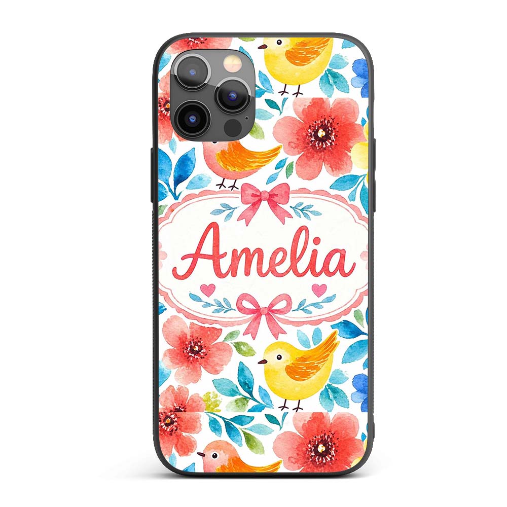 Watercolor Bird Floral Botanical Seamless Pattern Custom Name Protective Phone Case Mobile Cover Durable Everyday Smartphone Shock Resistant