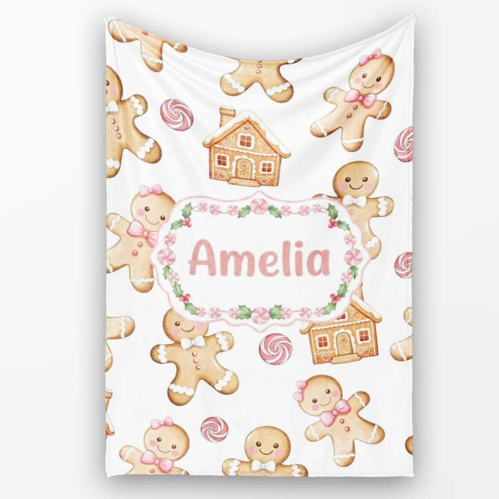 Cute Gingerbread Cookies Candy Sweets House Seamless Pattern White Personalised Custom Name Super Soft Fleece Blanket Bed Sofa Throw