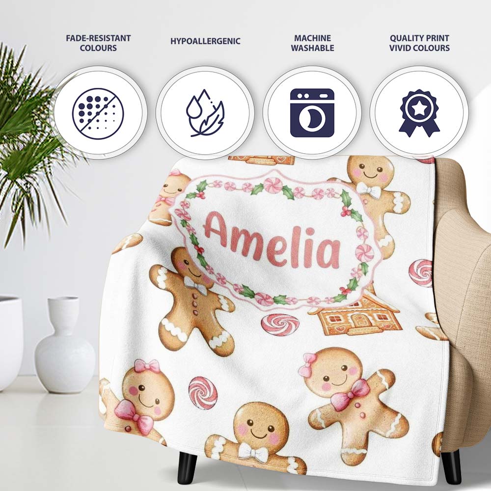 Cute Gingerbread Cookies Candy Sweets House Seamless Pattern White Personalised Custom Name Super Soft Fleece Blanket Bed Sofa Throw